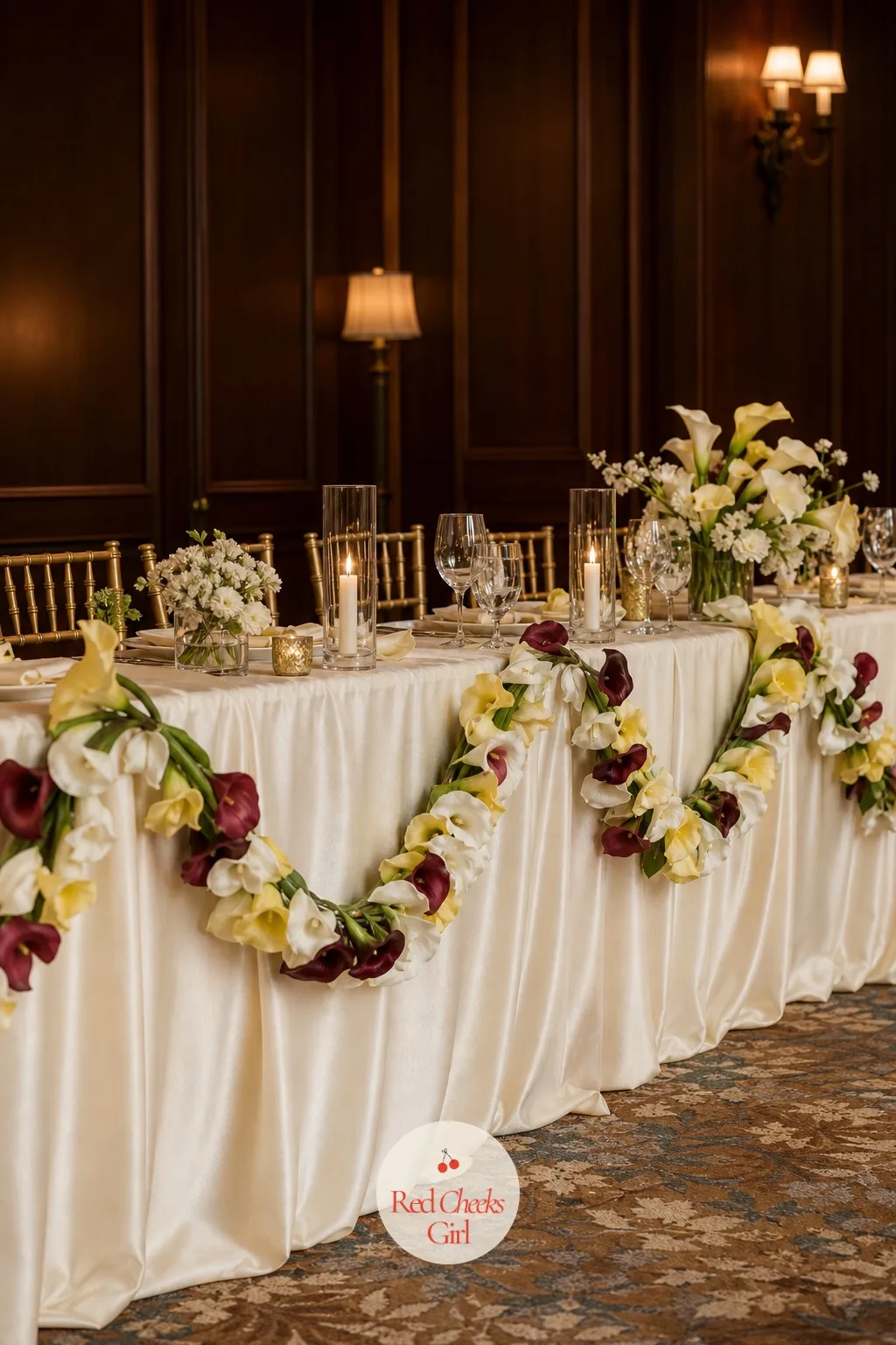A Calla Garland Draping Along the Head Table's Edge — Below the lace and the clusters, a garland of white and butter yellow calla lilies dips along the front