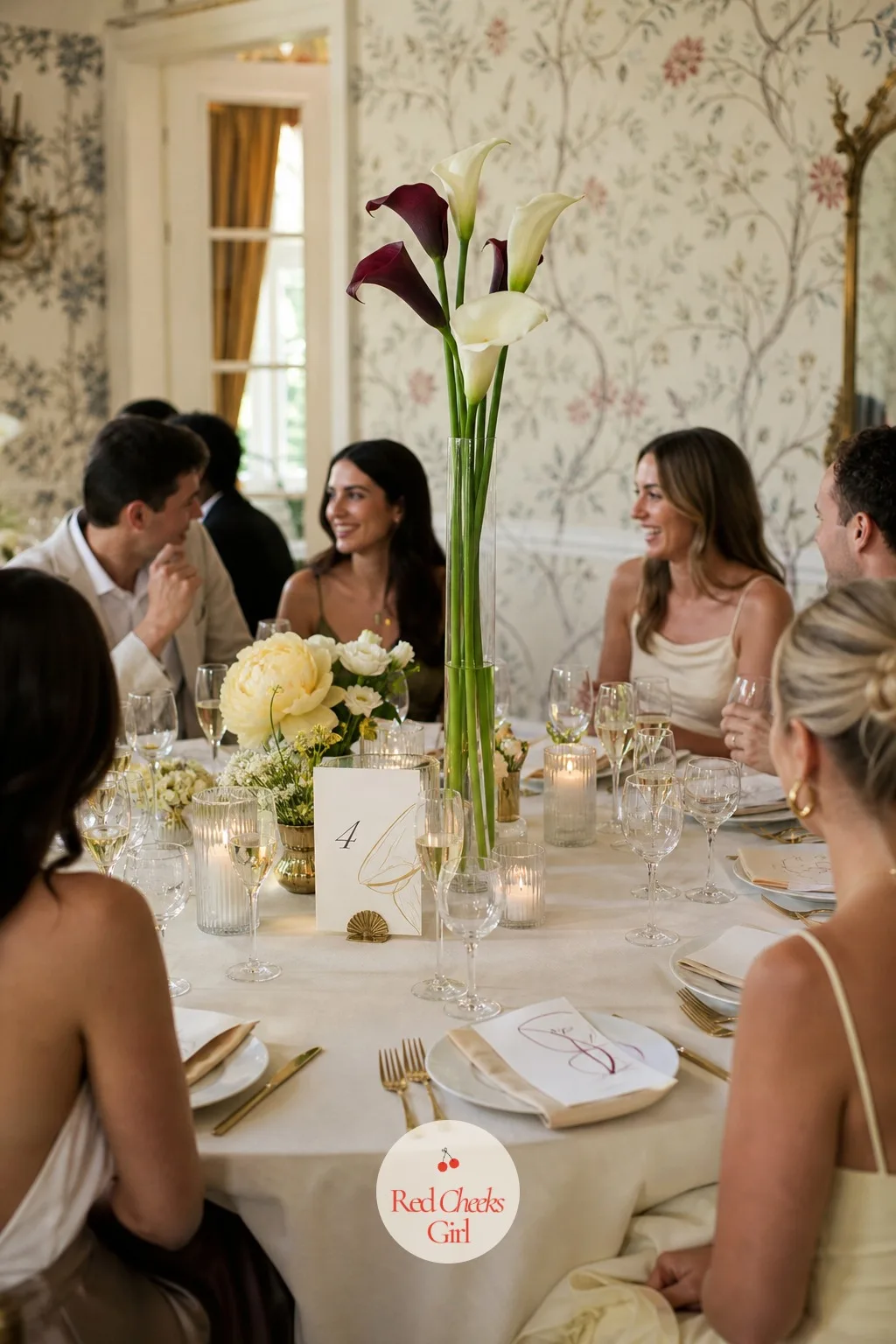 Calla Lily Centerpieces in Tall Slim Vases — Alternating with the runner, a tall slim vase on every other table lets the calla lily show off its full height
