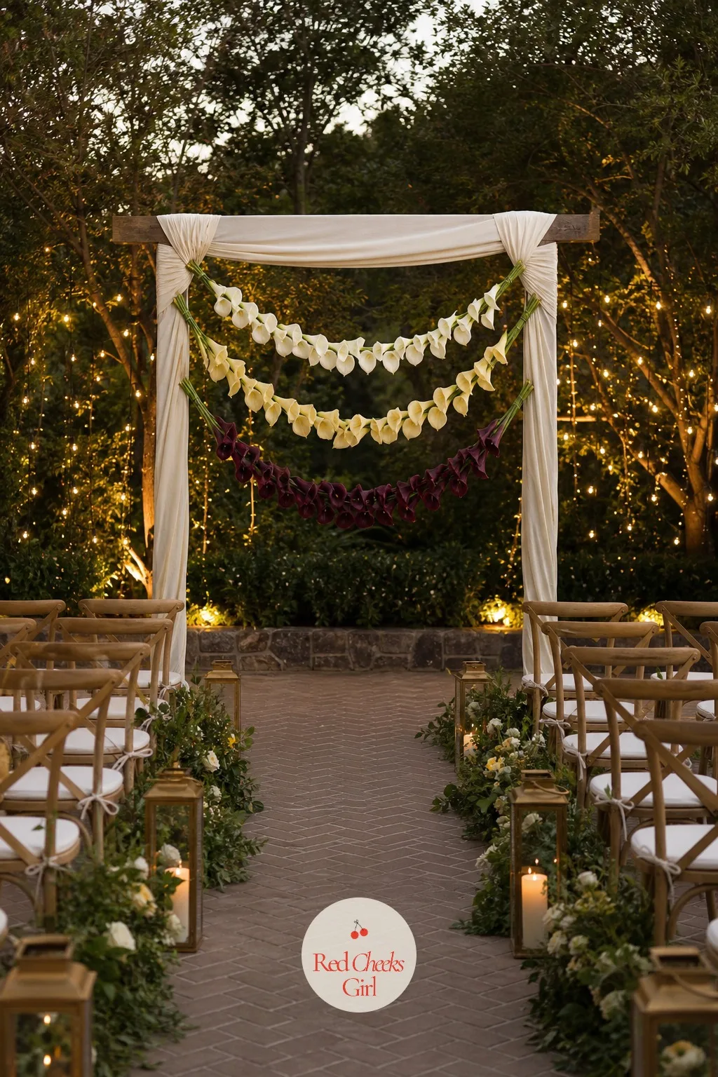 Calla Lily Garlands Hung Like Necklaces Across the Ceremony Backdrop — Picture the moment guests first sit down: a wide backdrop behind the altar, wrapped in