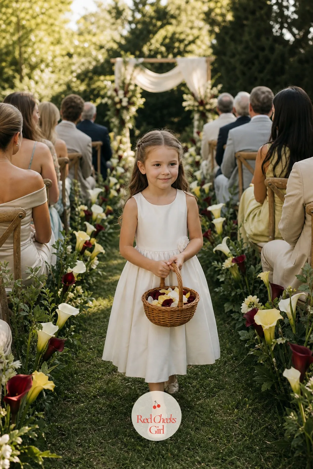 Calla Petals for the Flower Girl's Basket — A small basket carried down the aisle holds loose petals in white, butter yellow and burgundy, scattered in
