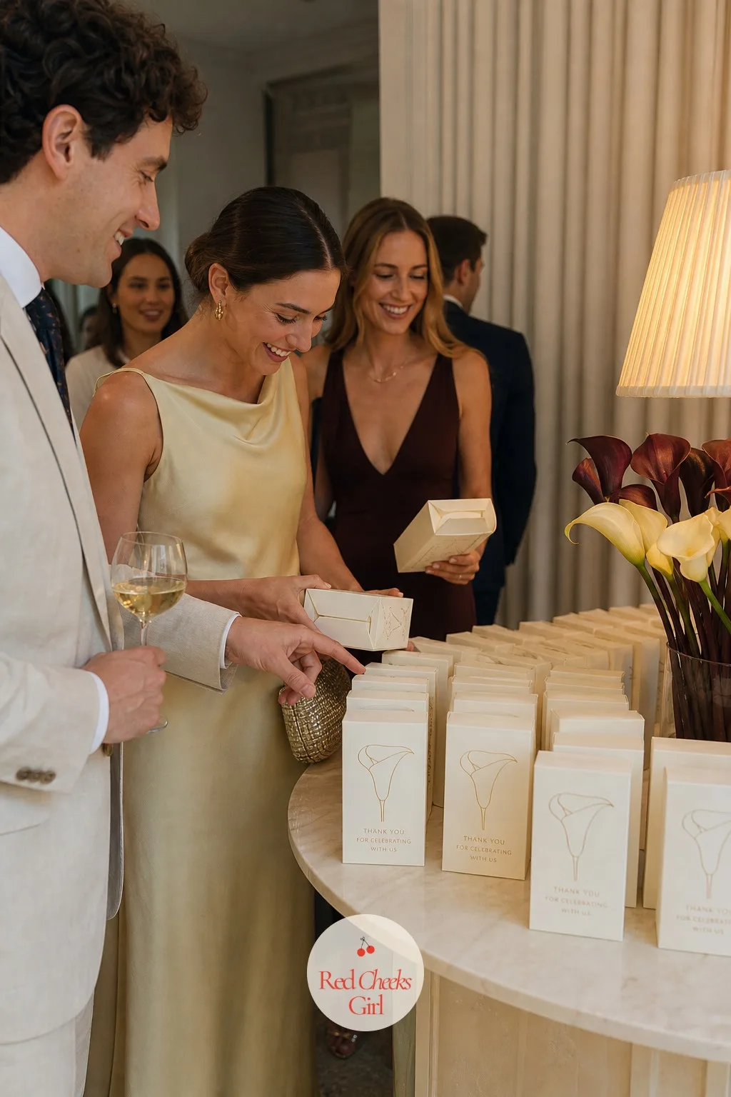 Calla Print Favors for Guests to Take Home — At each place setting or a small table near the exit, a favor wrapped simply carries the calla line drawing on its