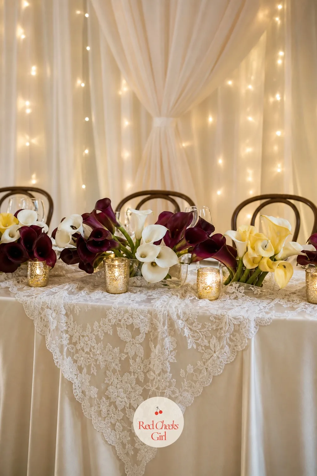 Callas Under Sheer Lace on the Head Table — The head table gets a softer treatment than the rest of the room: a cream satin cloth, topped with a panel of sheer