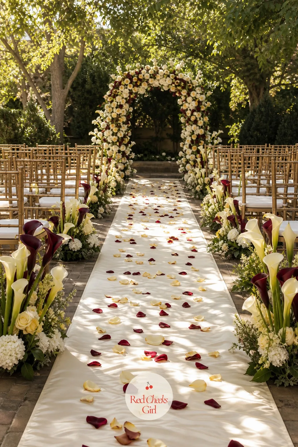 A Cream Aisle Runner Scattered With Calla Petals — Underfoot, the aisle should feel as dressed as everywhere else: a pressed cream runner with loose drifts of