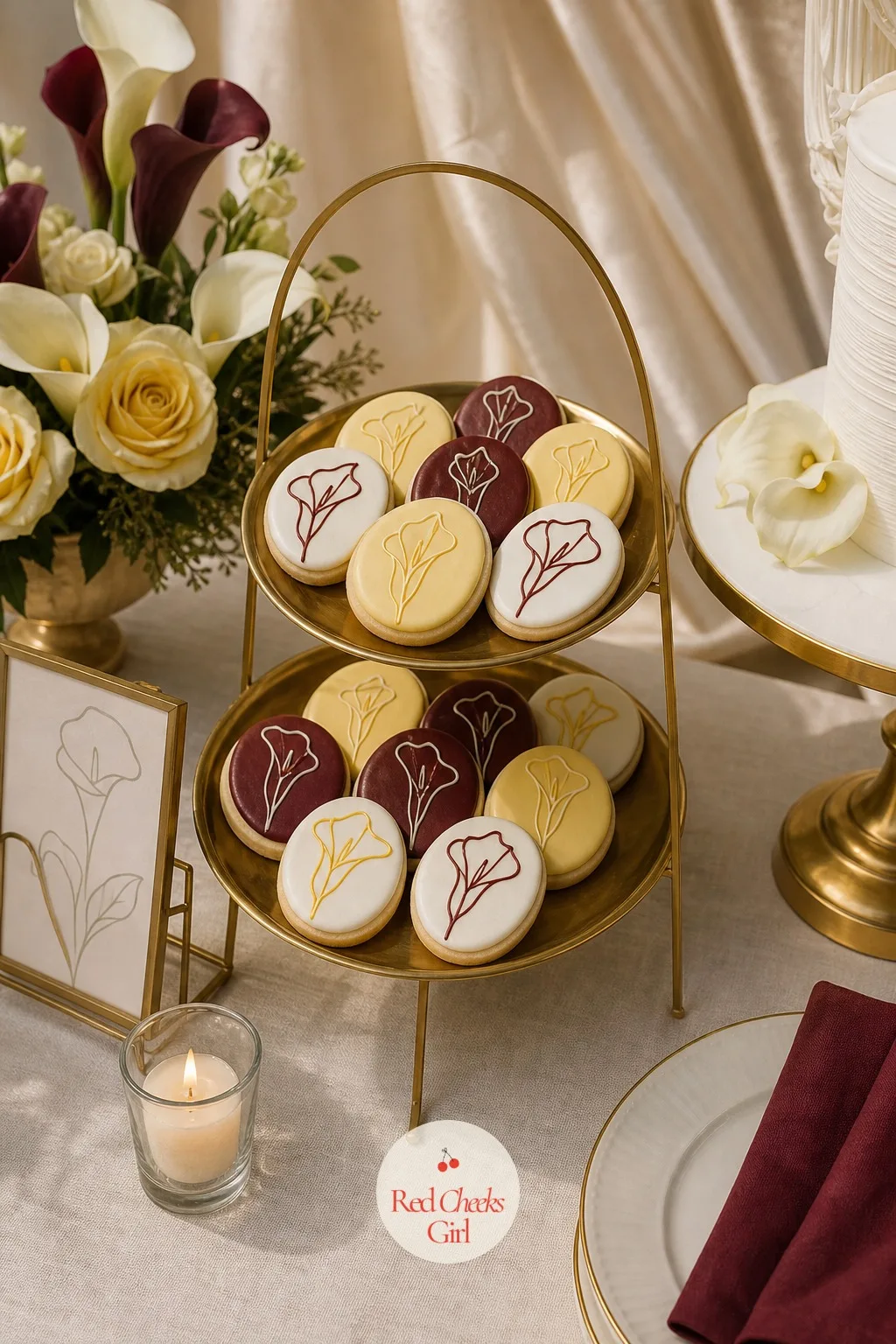 Dessert Table Cookies Stamped With a Calla Print — Beside the cake, a small spread of iced cookies carries the same calla line drawing used on the place cards