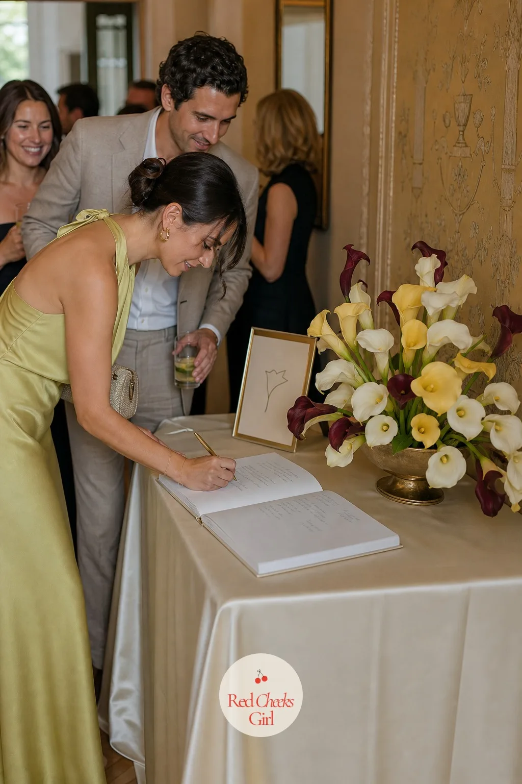 A Guest Book Table With a Calla Arrangement — A small side table near the entrance, dressed in the same cream cloth as the reception tables, holds the guest