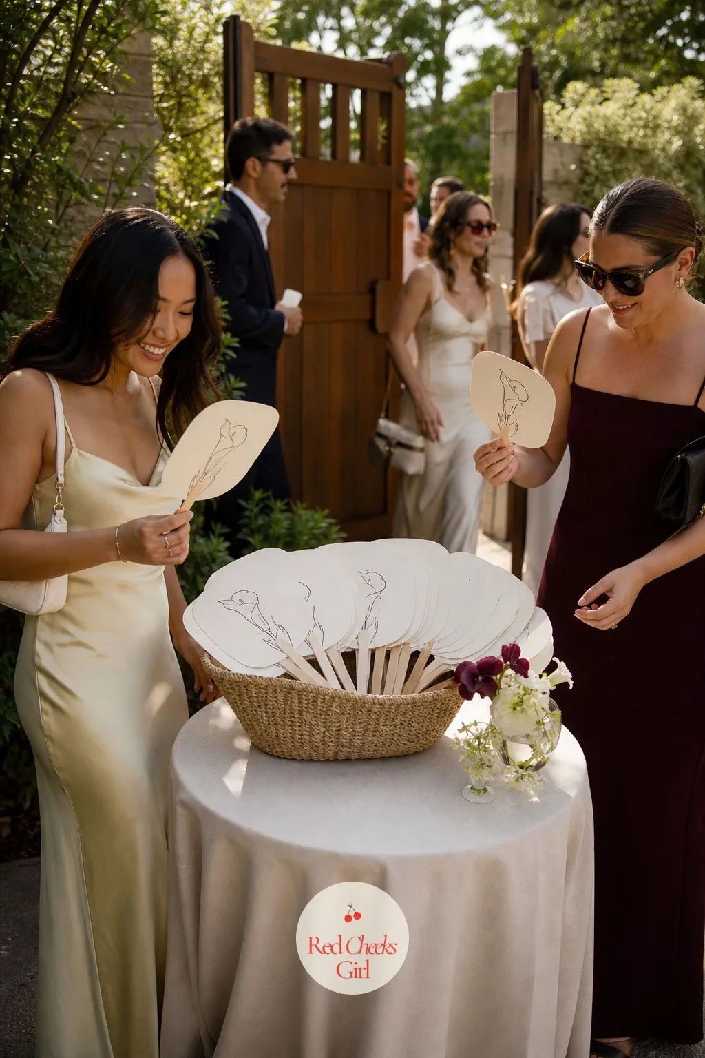 Guest Fans Printed With a Calla Line Drawing — For a warm date, the wait before the ceremony gets easier with a basket of paddle fans near the entrance, each