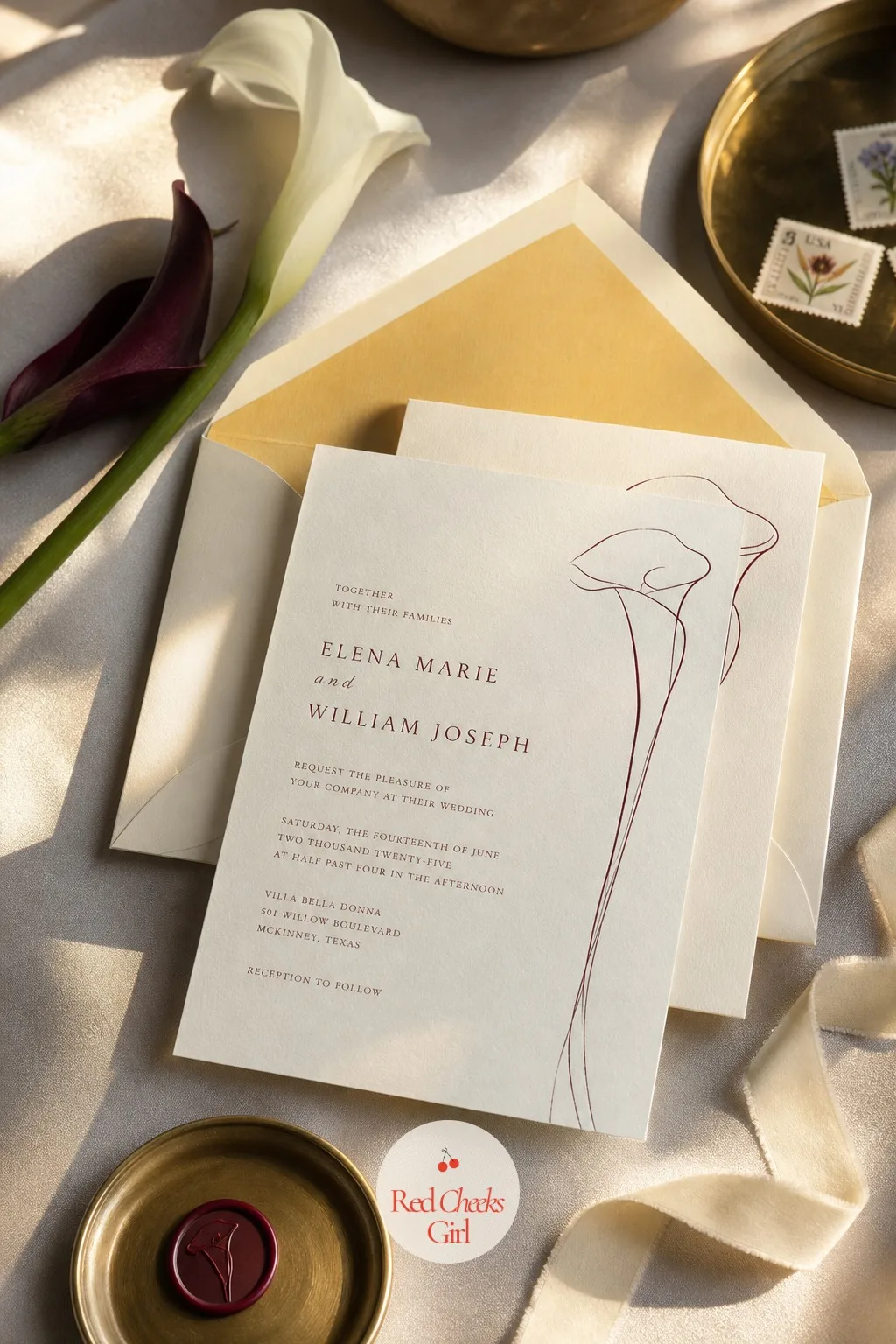An Invitation Suite With a Calla Line Drawing — Before any of it happens, the invitation sets the tone: cream cardstock with a single calla stem drawn in a