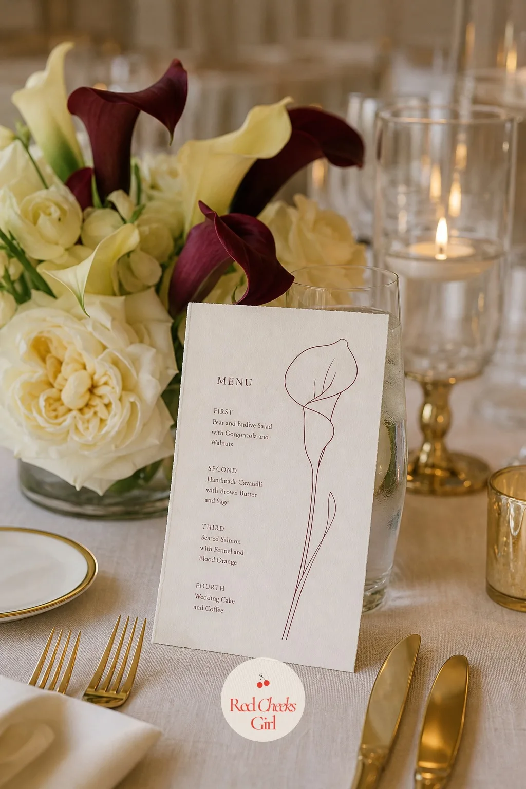 Menu Cards With a Matching Calla Line Drawing — Beside the place card, a matching menu stands or lies flat, carrying the same calla line drawing so the whole