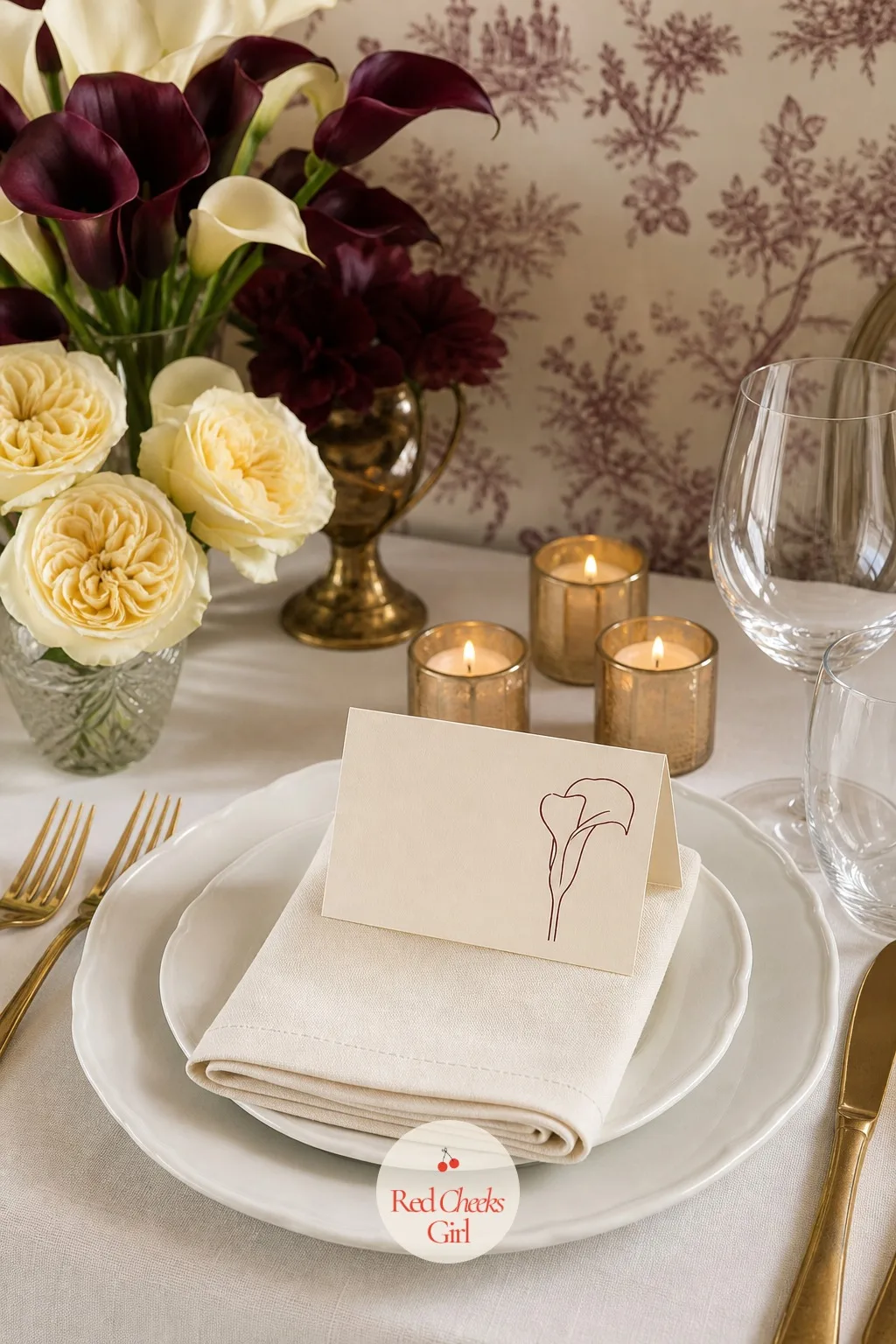 Place Cards Printed With a Calla Lily Drawing — At each setting, a small cream card carries a single line drawing of a calla stem in one corner, the guest's