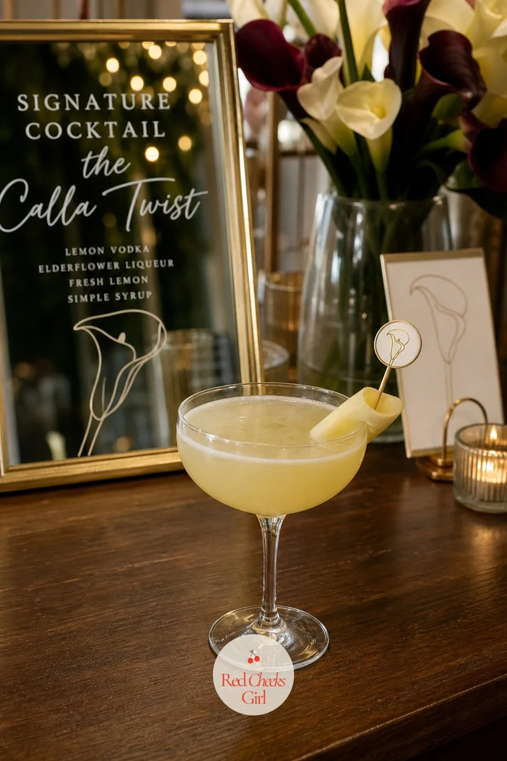 A Signature Cocktail Garnished With a Wax Calla Twist — At the bar, a pale yellow cocktail sits in a coupe, garnished not with a real flower, which can taint a