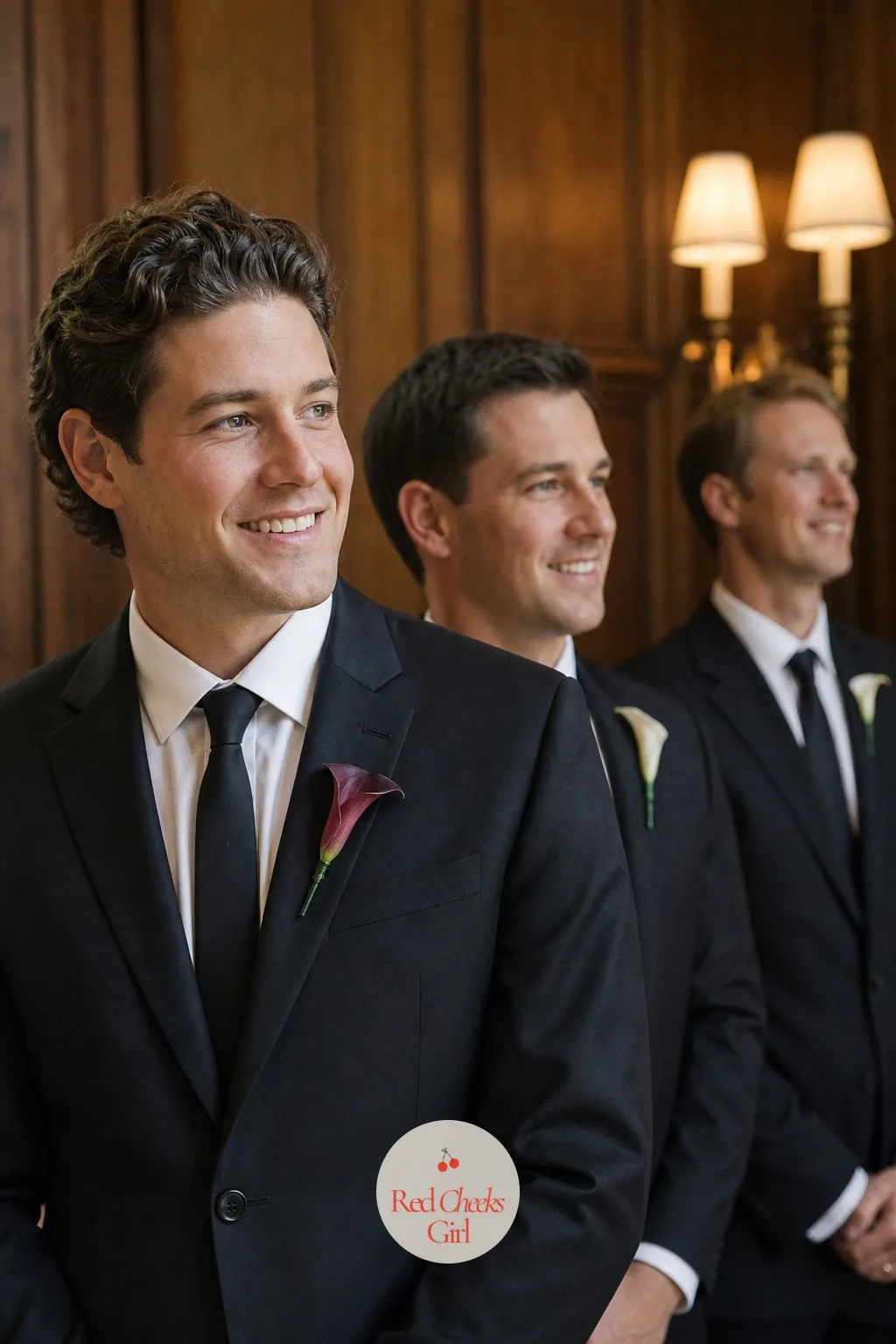 Single Stem Calla Boutonnieres for the Groom and Groomsmen — One mini calla per lapel, white for the groomsmen and a single burgundy one for the groom, lets
