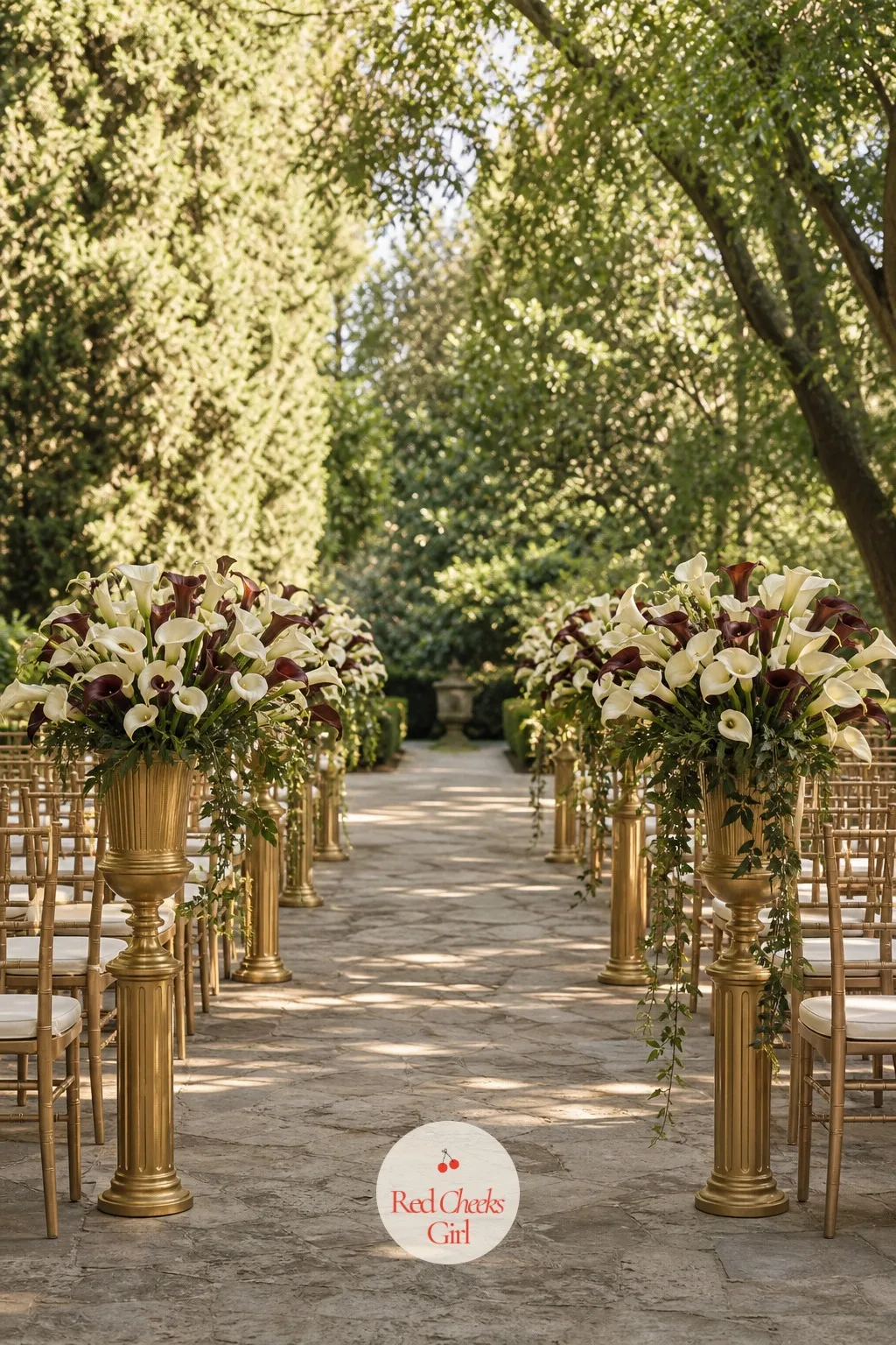 Urns of Calla Lilies Lining the Aisle — Walking past rows of tall gold urns, each one loose with white and burgundy calla lilies, turns the aisle itself into