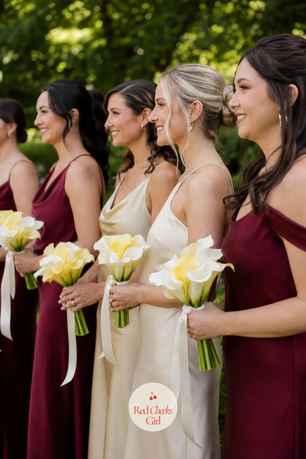 White and Butter Yellow Calla Bouquets for the Bridesmaids — A lighter, smaller version of the bride's bouquet, mixed white and butter yellow callas in a
