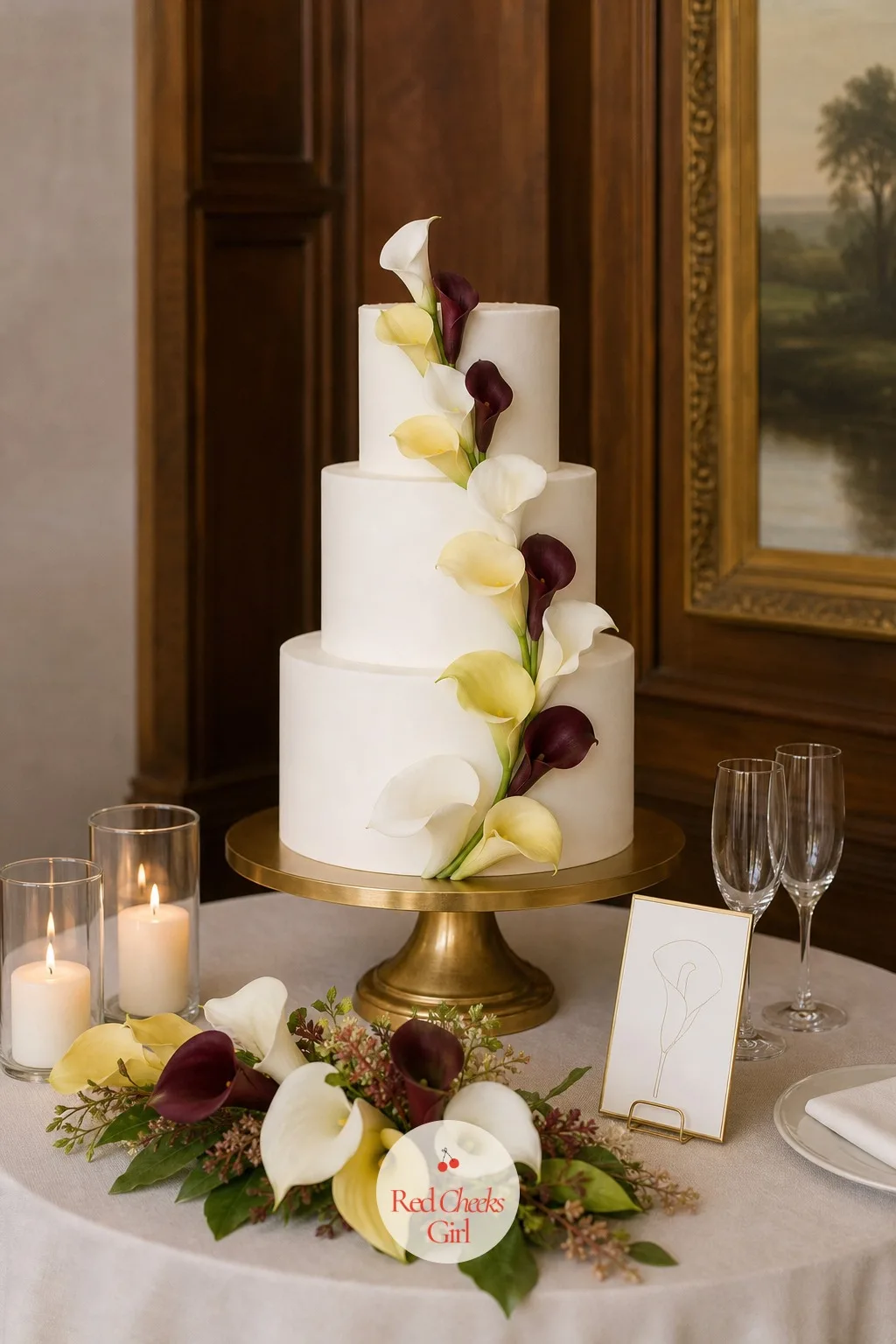 White Tiered Cake With Sugar Callas — The cake stands on its own small table, dressed to match everything around it: smooth white tiers with sugar callas in