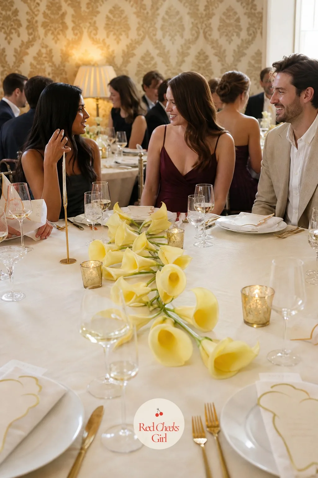 Yellow Calla Lilies Running Down the Cream Guest Tables — Down every guest table, a loose line of butter yellow calla lilies runs between the place settings