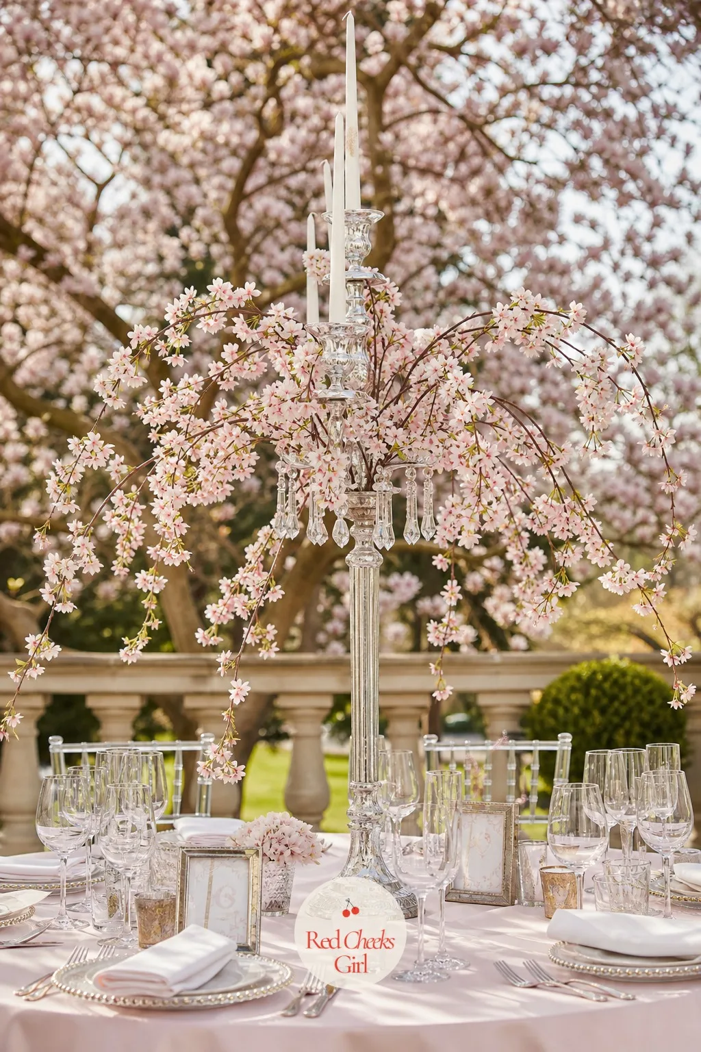 Candelabra with Cherry Blossom for Spring — Branches of cherry blossom arc up and out from the top of the candelabra rather than clustering at the base, giving
