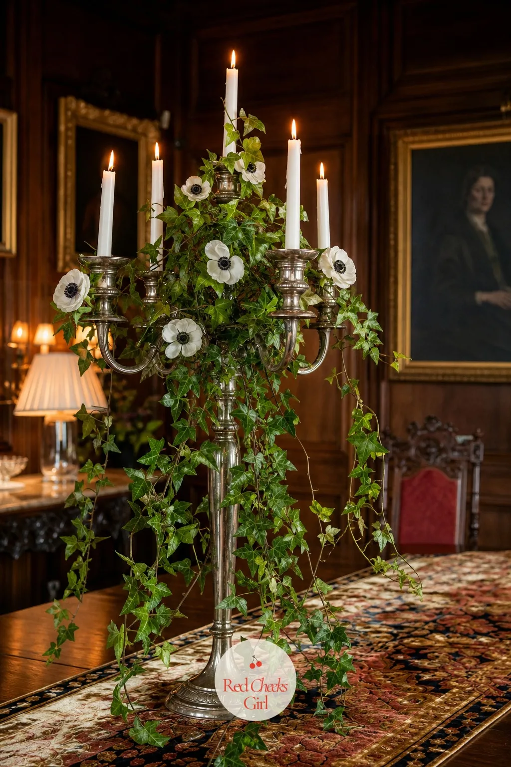 Candelabra Dressed in Ivy and Anemones — Ivy trails loosely down the frame while a handful of dark centred anemones sit tucked in near the top, their black