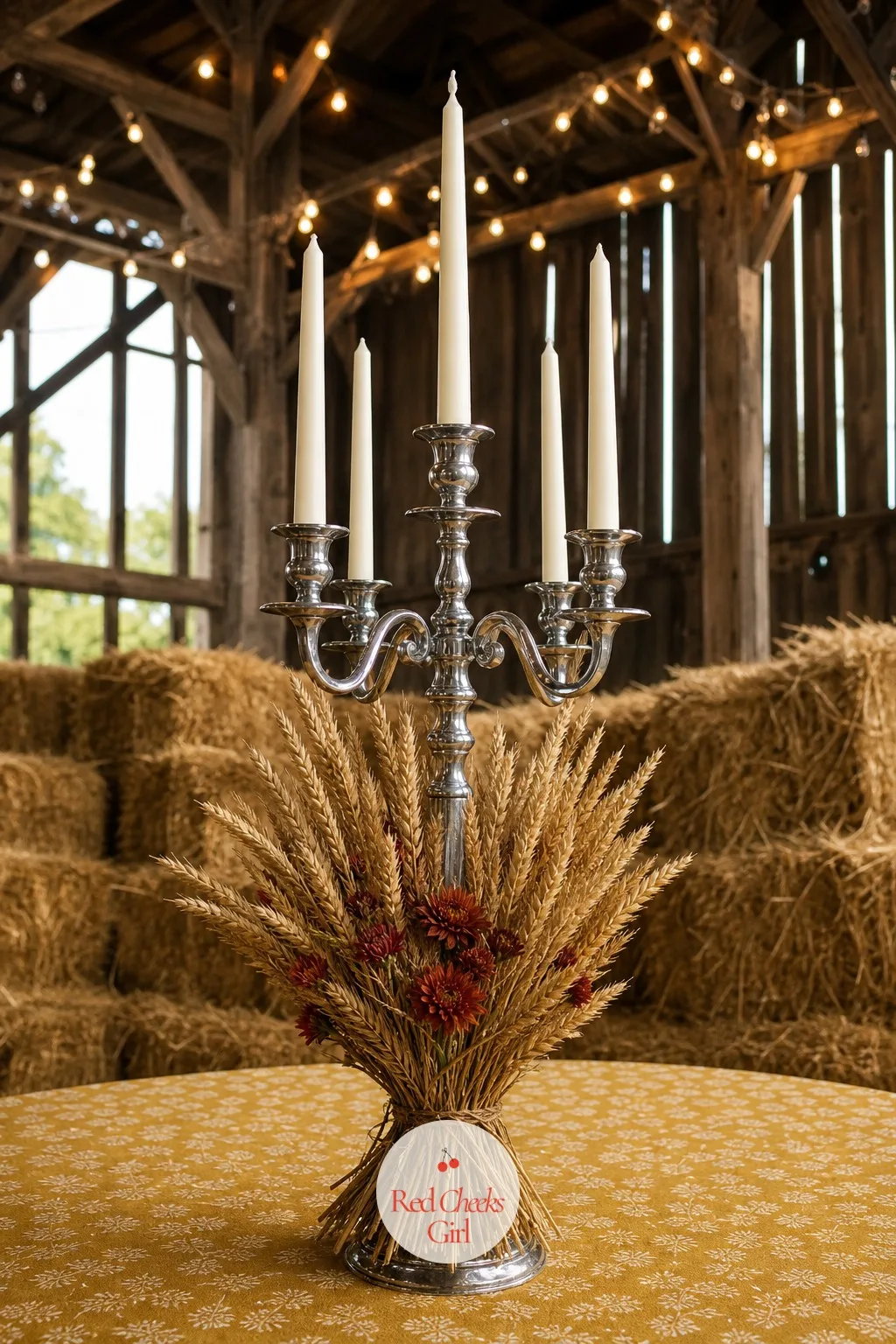 Candelabra with Dried Wheat and Mums for Harvest — Dried wheat sheaves lean against the base in small bundles with rust coloured mums tucked between the