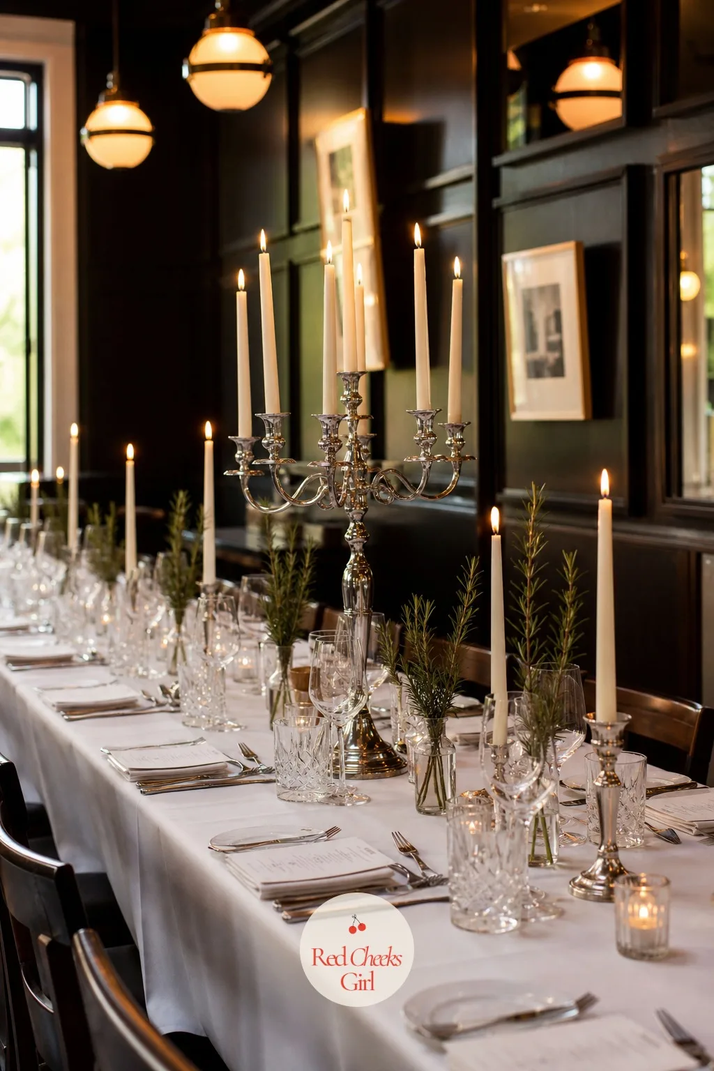 Candelabra Flanked by Taper Pairs Down a Banquet Table — One candelabra anchors the centre of a long table while single taper candle holders in the same finish