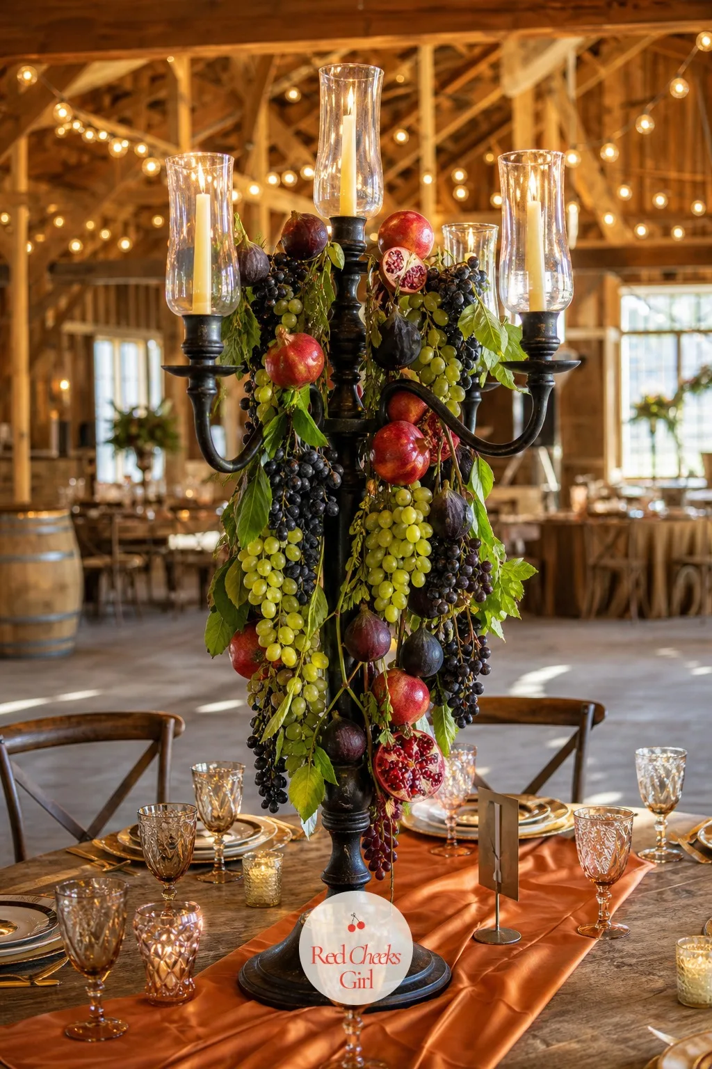 Candelabra with Fruit for Fall — Fresh and faux figs, small pomegranates and loose grape clusters drape around the base and climb partway up the lower arms