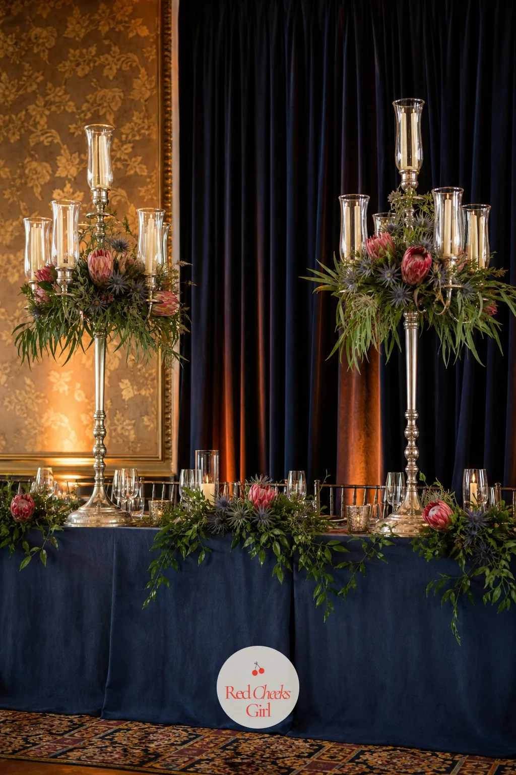 Candelabra Pair Framing the Head Table — Two matching candelabras sit at either end of the head table rather than one in the centre, each dressed with protea