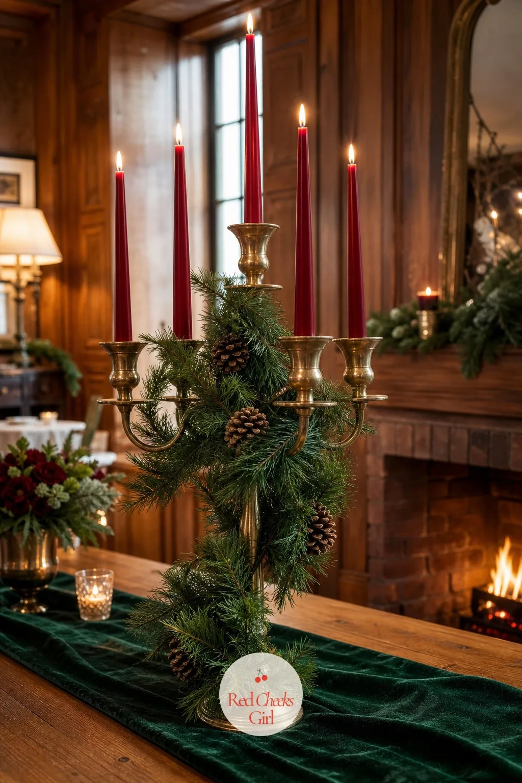 Candelabra with Pine for Winter — Pine garland winds up the stem with small pinecones tucked between the arms, and the candles themselves switch to a deep red
