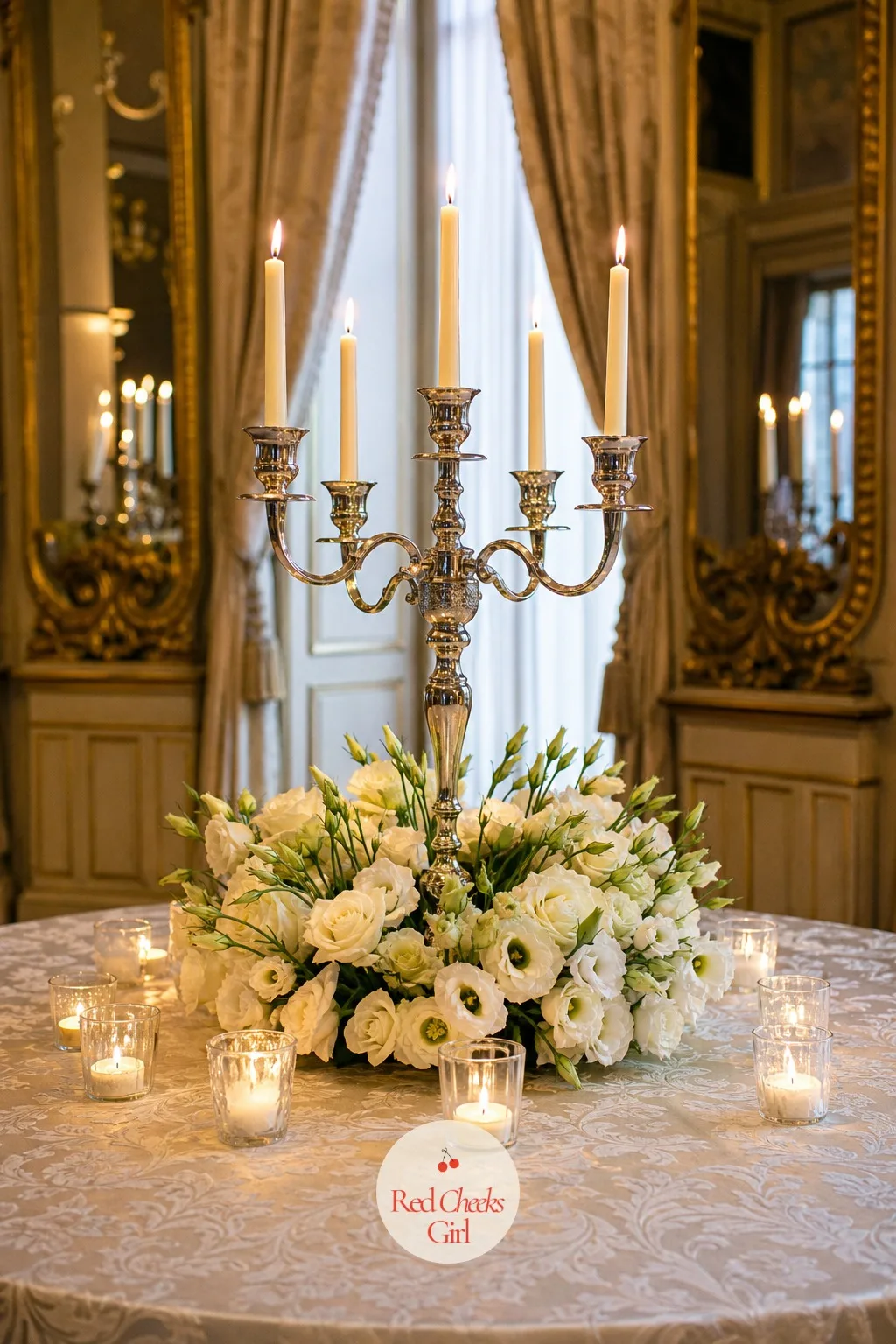 Candelabra Ringed with Votives and Lisianthus — A circle of small votive candles surrounds the base here, with a few lisianthus blooms tucked between them so