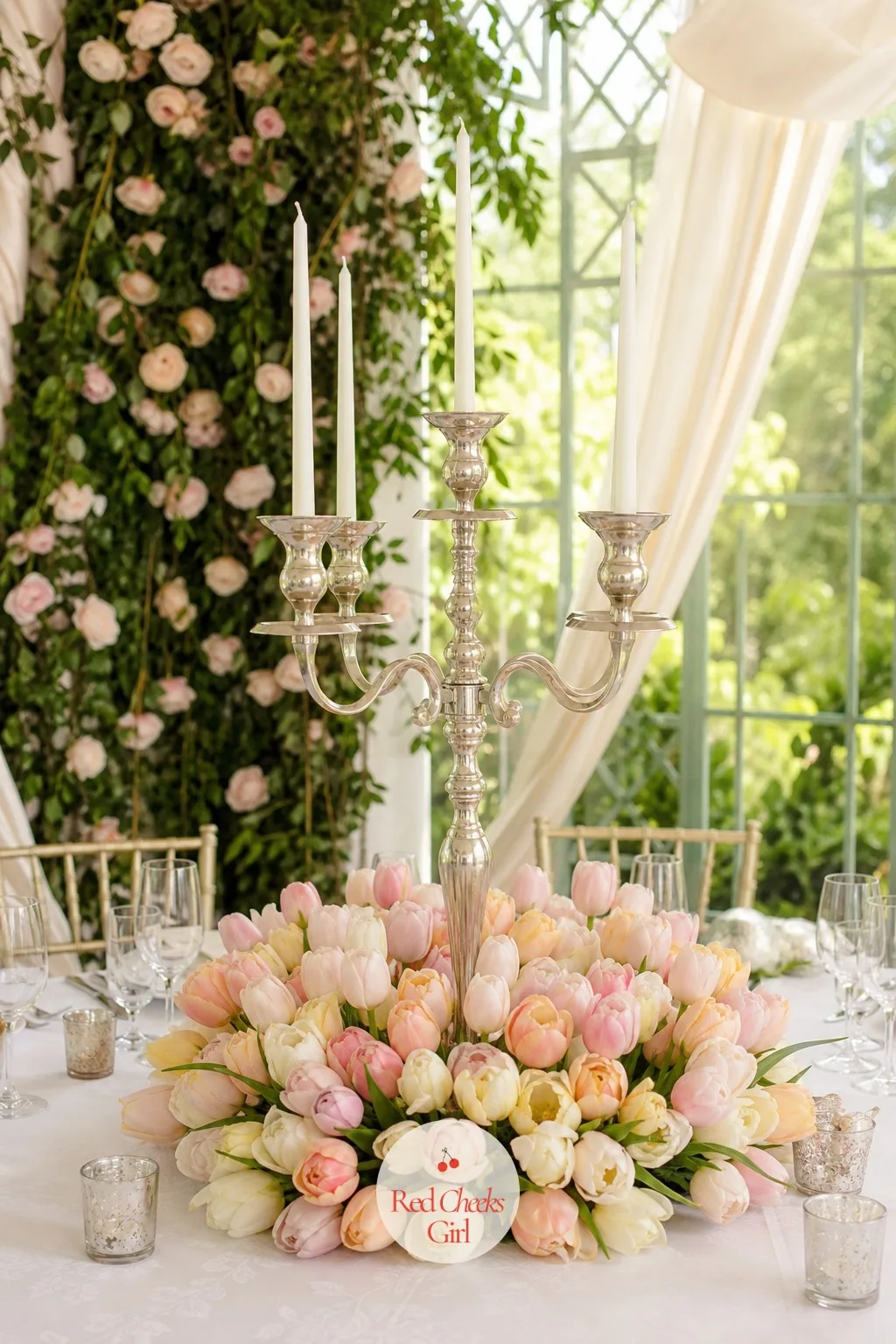 Candelabra Rising from a Bed of Tulips — Tulips packed tight in a low ring around the base give this one a very different texture from hydrangea or rose, more