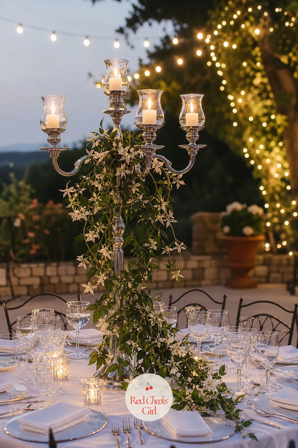 Candelabra Trailing with Jasmine Vine — Jasmine vine looped loosely through the arms gives a candelabra the look of something that grew there rather than