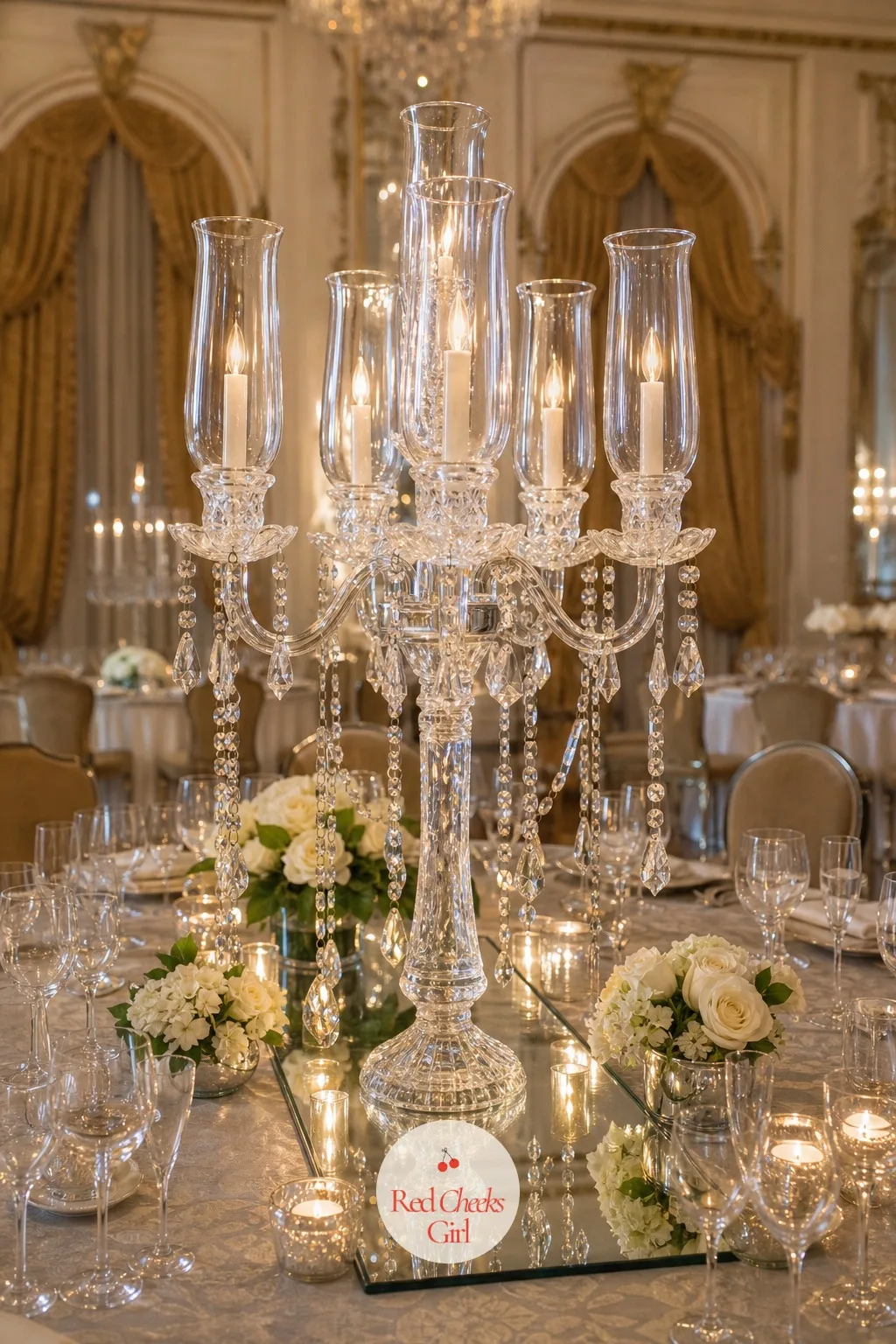 Crystal Candelabra — No flowers here at all, which is exactly the point. Candelabra wedding centerpieces