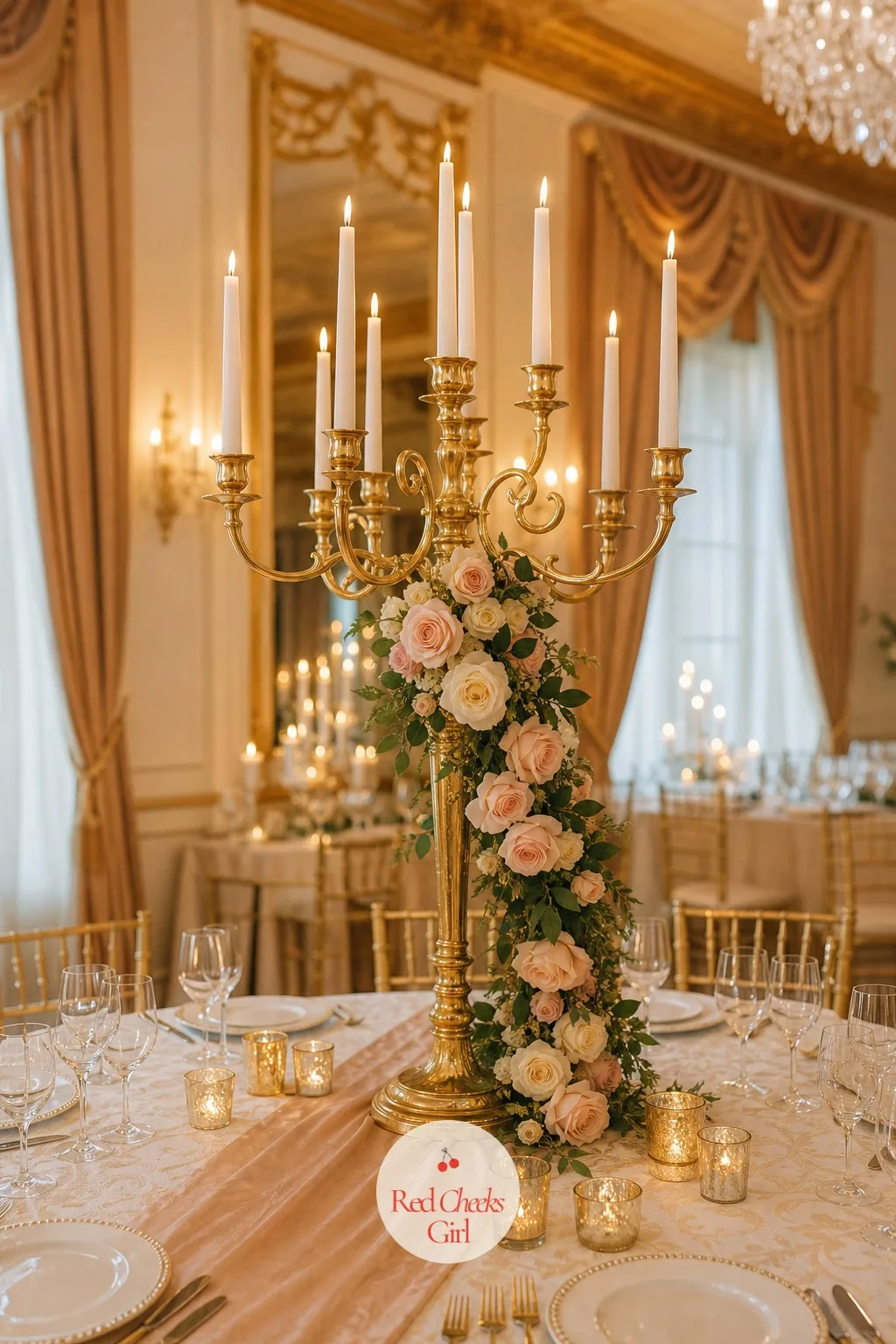 Gold Candelabra with Cascading Roses — This is the one that makes a ballroom look like a ballroom. Candelabra wedding centerpieces
