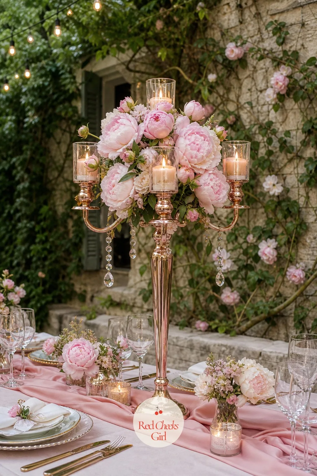 Rose Gold Candelabra with Blush Peonies — Rose gold sits between gold and silver and flatters almost every pastel on the colour wheel, which is why it carries