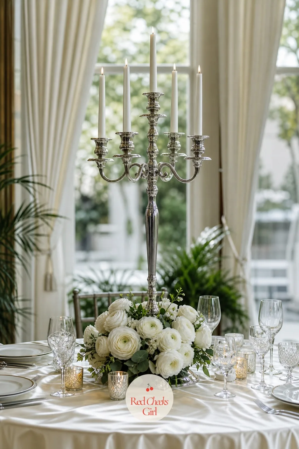 Silver Candelabra with White Florals — Silver reads cooler than gold and sits beautifully against white or pale grey linen, which is why this one belongs on a
