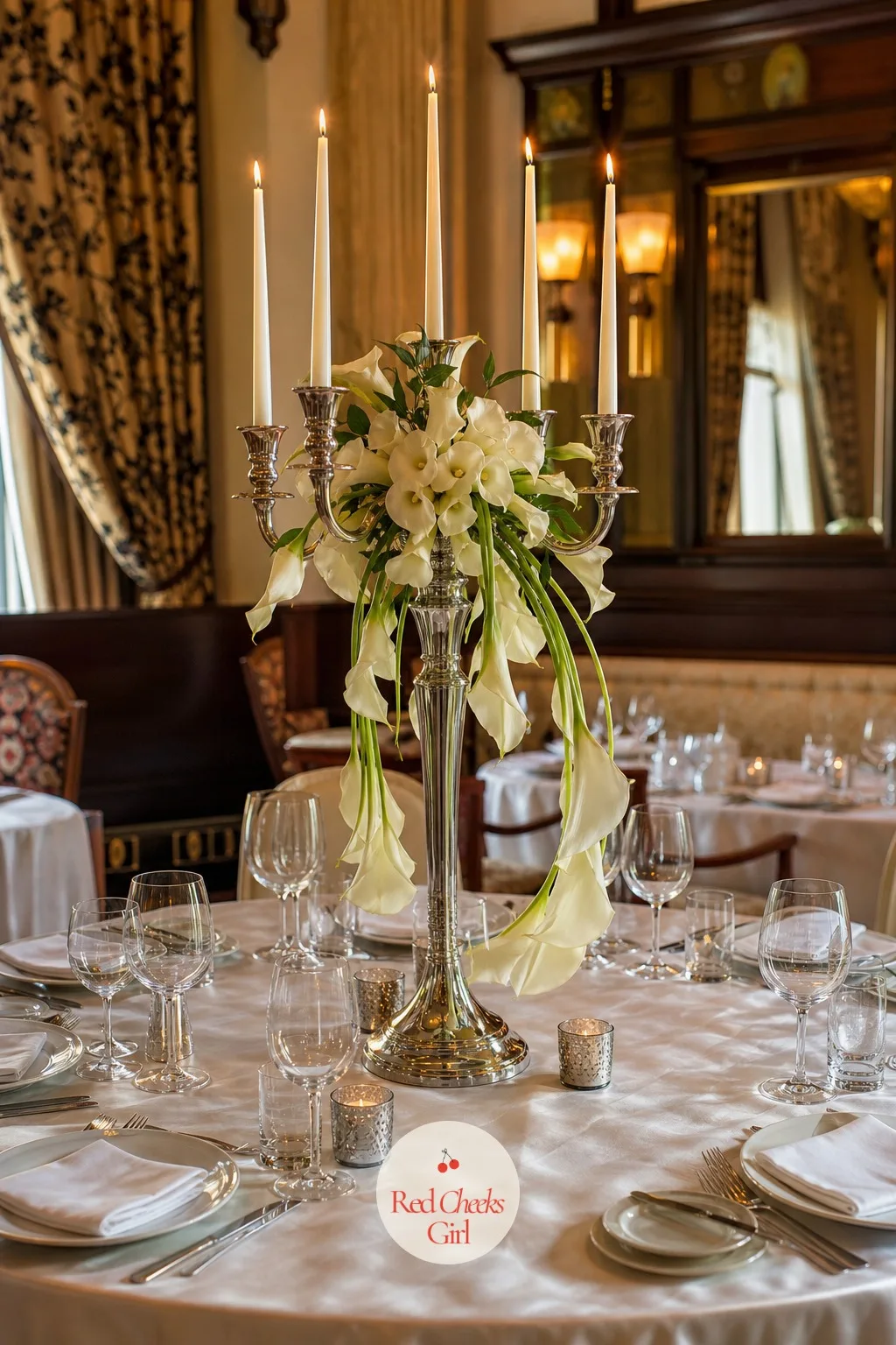 Single Statement Candelabra on a Round Table — One large candelabra sits dead centre of a round table, calla lilies cascading from two arms while the rest hold
