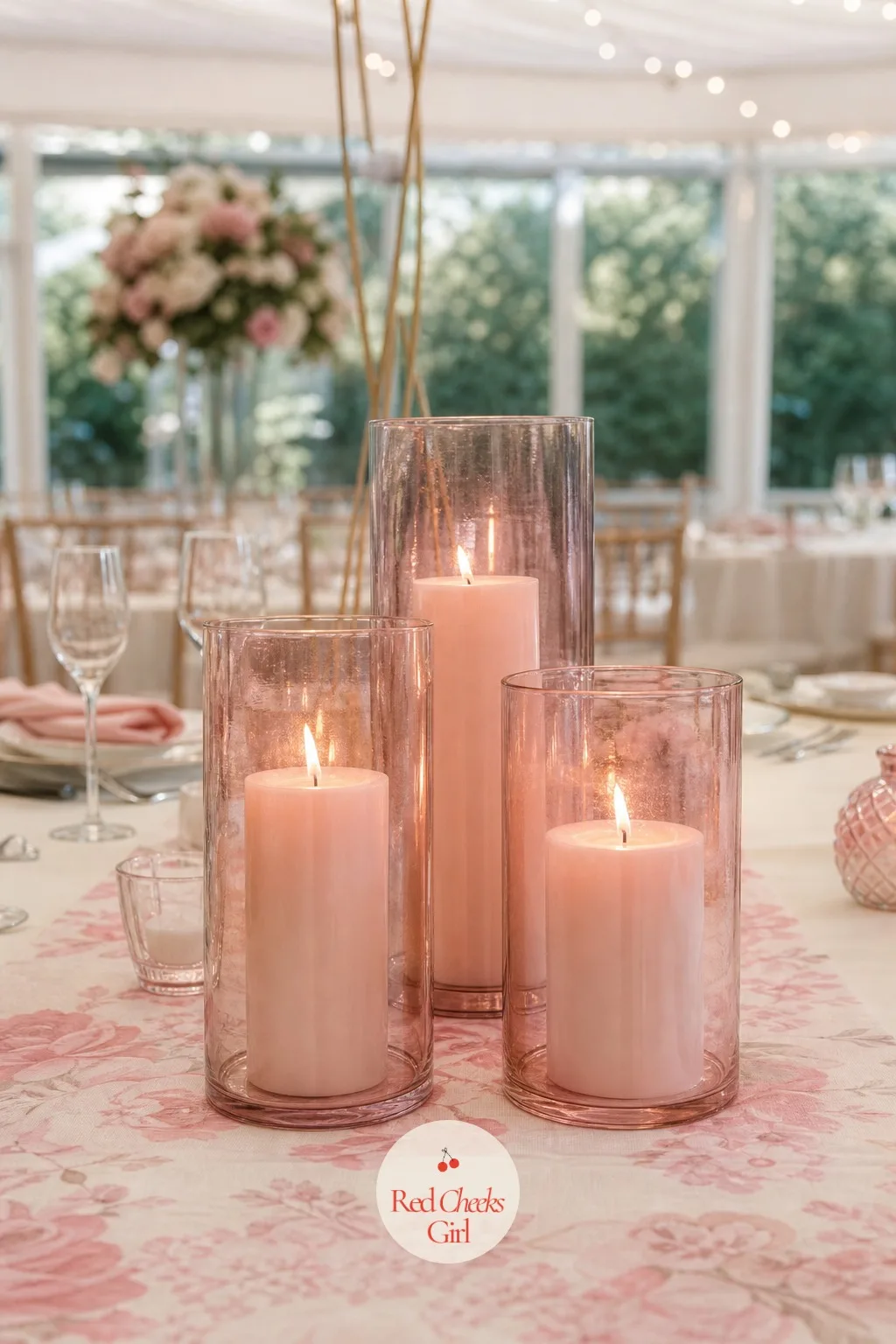 Blush Pillar Candles in Blush Glass Hurricanes — Pink can tip into sugary fast. Candle wedding centerpieces