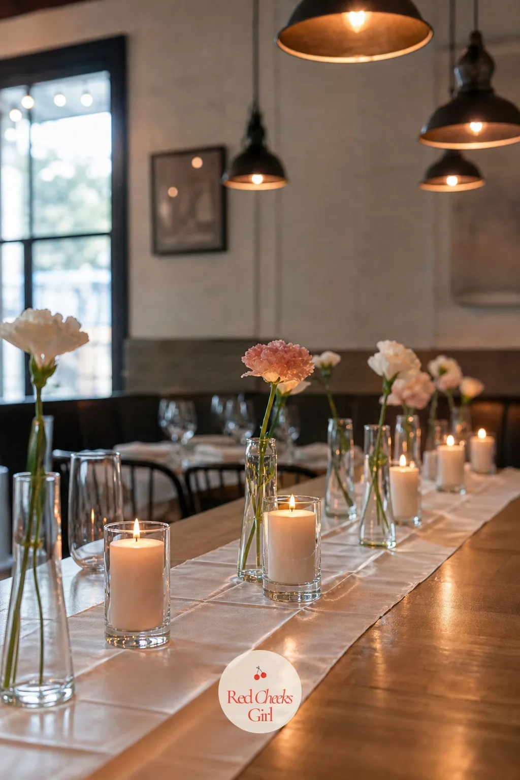 Candle and Bud Vase Mix Runner — A row of candles alone can look a little stiff. Candle wedding centerpieces