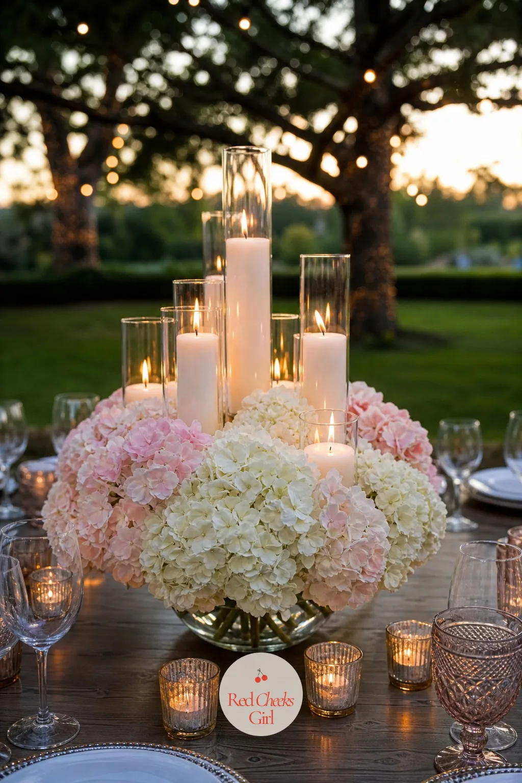 Candle Clusters With Hydrangea — Hydrangea alone can look a little flat once it has sat in water for six hours. Candle wedding centerpieces