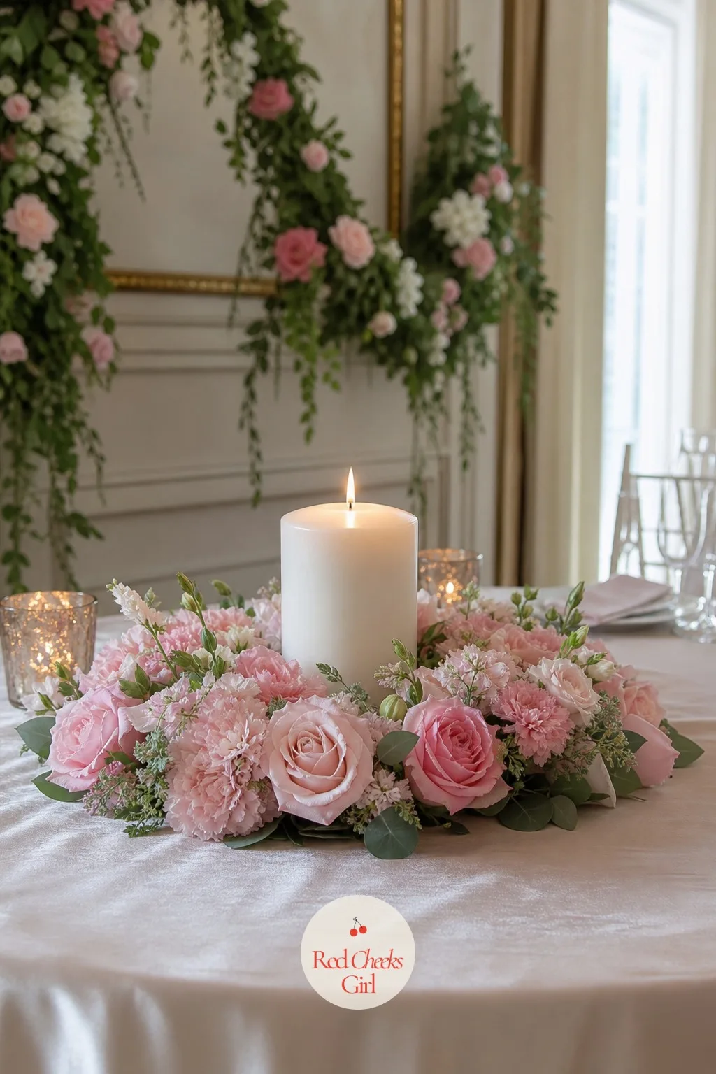 Candles With Flower Rings — A candle standing alone in the middle of a table can look a little lonely. Candle wedding centerpieces