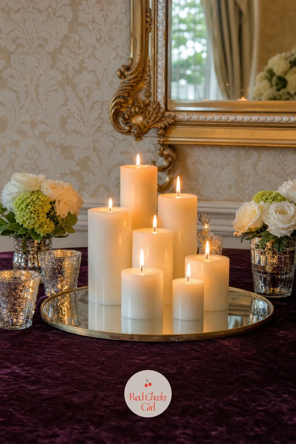 Candles on Mirror Trays — A candle sitting directly on a tablecloth drips, and nobody wants to explain wax stains to the venue at the end of the night. Candle