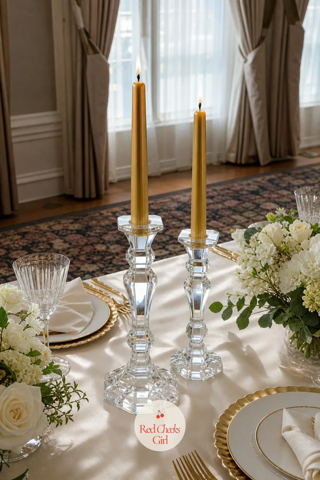 Crystal Candlestick Tapers — Plain glass candlesticks do a job. Candle wedding centerpieces