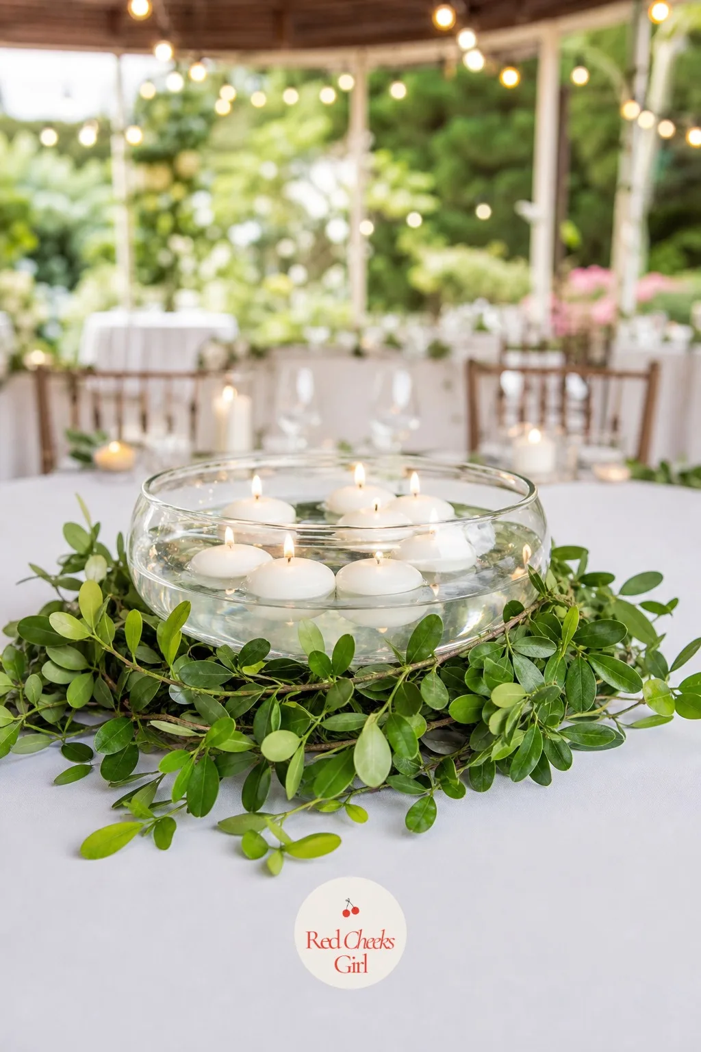 Floating Candle Bowl With Greenery Ring — A floating candle in a plain bowl is lovely on its own. Candle wedding centerpieces