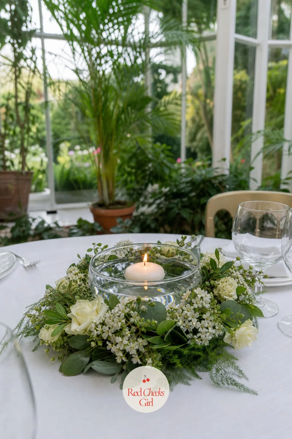 Floating Candle Wreath Centerpiece — A plain floating candle bowl is pretty but a touch bare by itself. Candle wedding centerpieces