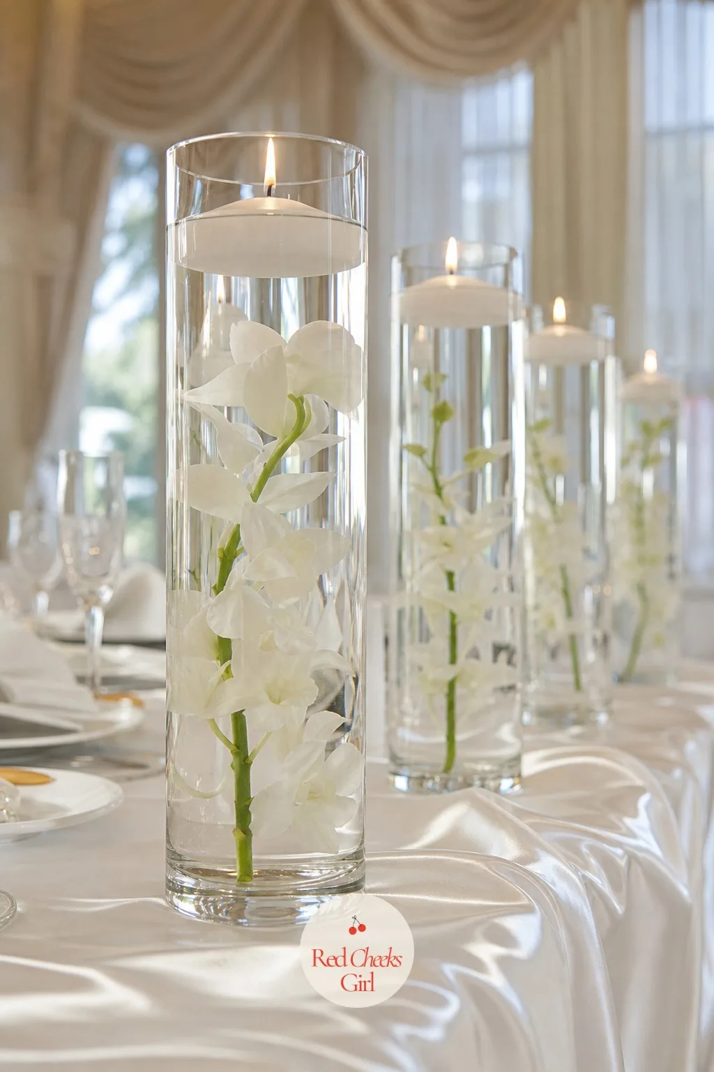 Floating Candles in Tall Glass Cylinders With Submerged Flowers — A floating candle alone is pretty. Candle wedding centerpieces
