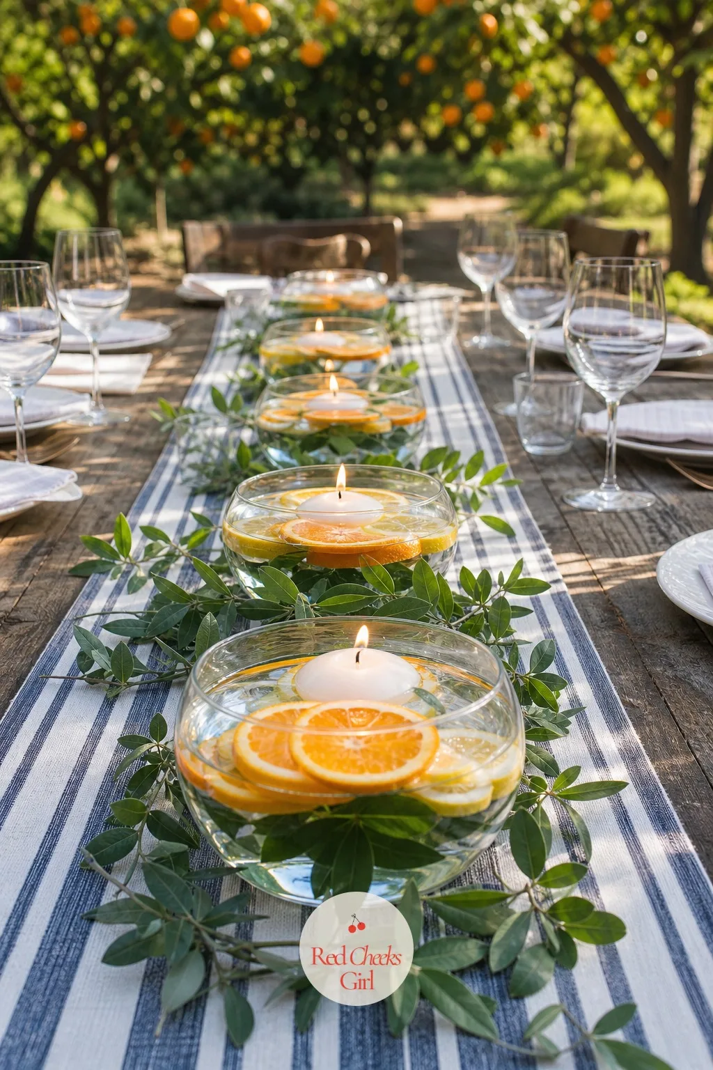 Glass Bowl Runner With Floating Candles and Citrus — A table full of candles can start to feel like every other reception this season. Candle wedding