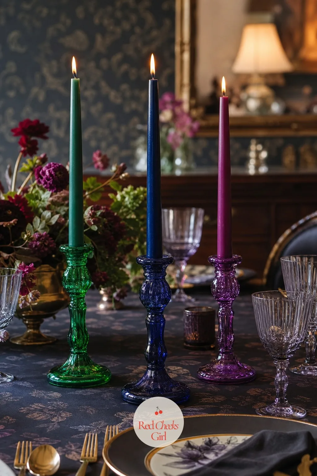 Jewel-Toned Taper Candles in Colored Glass Holders — An all white table is elegant until every other table at every other wedding this year looks exactly the