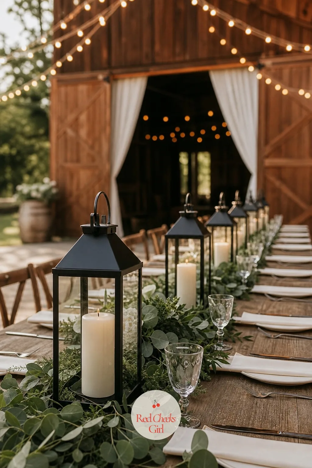 Lanterns Down a Long Outdoor Table — A bare table looks unfinished the moment the sun goes down. Candle wedding centerpieces
