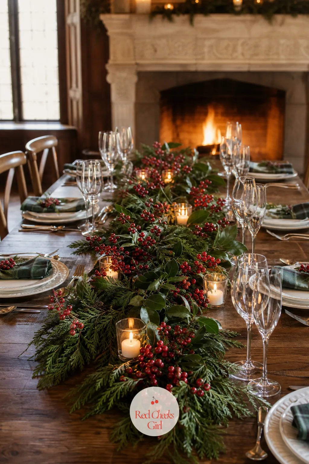 Low Candle and Berry Garland Table Runner — A runner of greenery alone can look a little cold once winter sets in. Candle wedding centerpieces