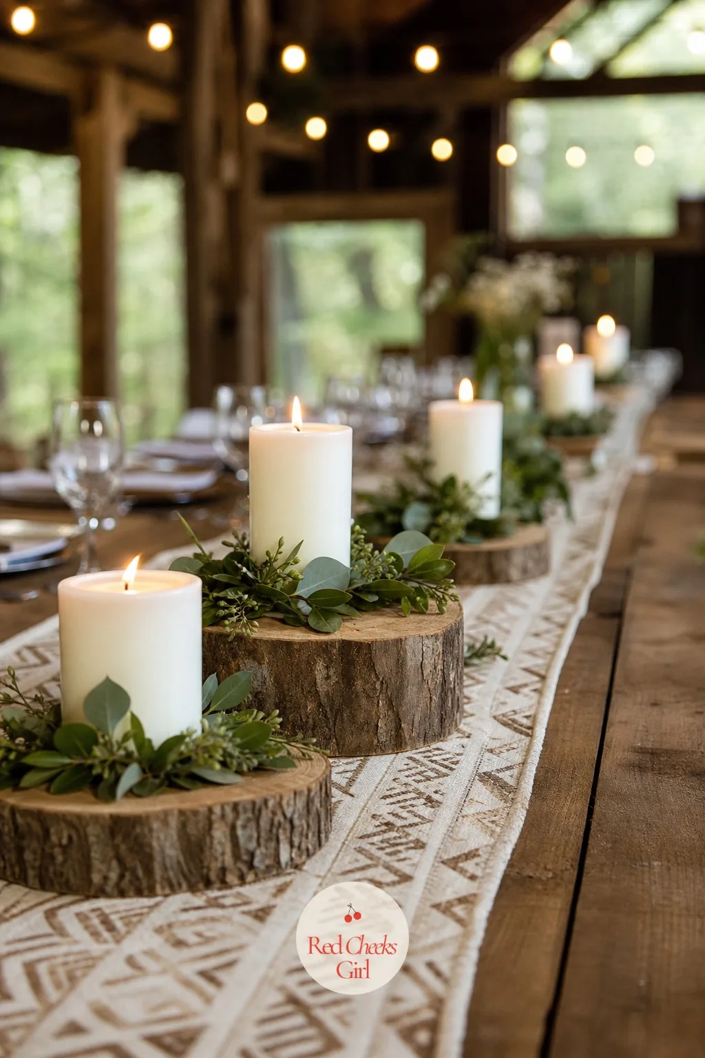 Pillar Candles on Wood Slice Risers — A candle standing on a tablecloth is fine. Candle wedding centerpieces