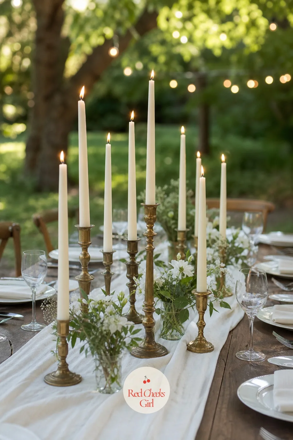 Taper Candles in Mixed Brass Holders — A single matching candlestick down a long table looks tidy. Candle wedding centerpieces