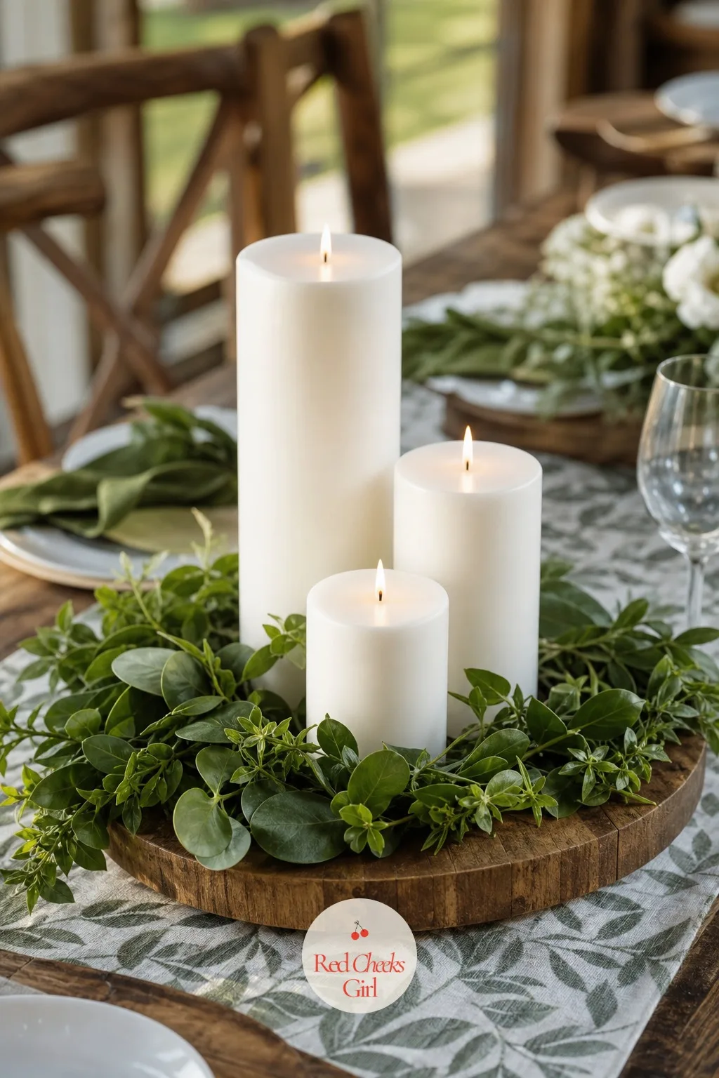 Varying Height Pillar Candle Cluster on Wood Riser — Three identical candles look like they came out of one box, because they did. Candle wedding centerpieces